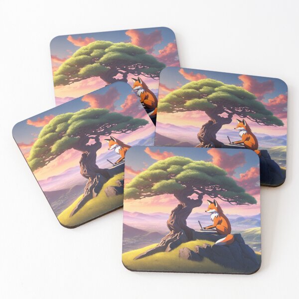 Item preview, Anime Fox Relaxing at Sunrise with Laptop, Asian Landscape, Bonsai designed and sold by Salimgor Hangaround Music.