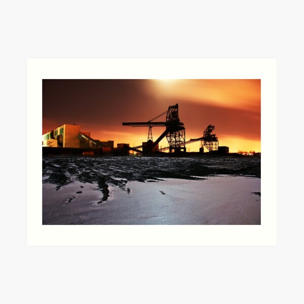 Fossil fuel power station coal field conveyor belts silhouette on winter sunrise Art Print