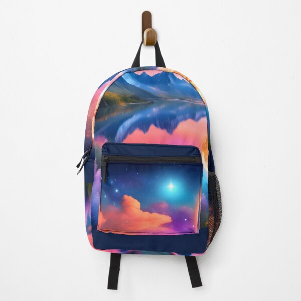 Artikelvorschau, Berge mit einem hellen Mond und einem wunderschönen blauen Himmel mit orangefarbenen Wolken mit Sternen und einem Feld voller leuchtender Blumen neben einem See, Inspirationen aus der Natur entworfen und verkauft von Gabi.Media.