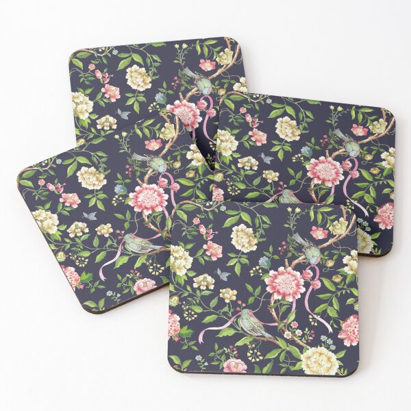 Item preview, Chinoiserie Elegance: Love Birds Amidst Hand-Painted Floral Symphony on Navy Background designed and sold by Hadamundo.