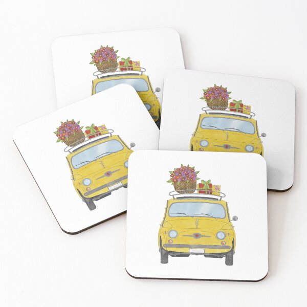 Item preview, Yellow Retro Fiat 500 with birthday gifts and flowers designed and sold by portosabbia.