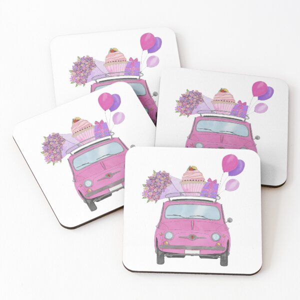 Item preview, Pink Retro Fiat 500 with birthday gifts, flowers  and balloons designed and sold by portosabbia.
