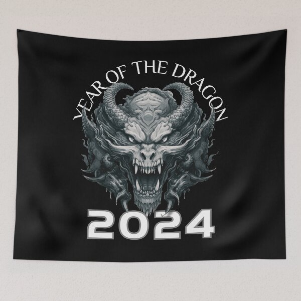 Item preview, grey and white  Dragon -Year of the Dragon- chinese Zodiac Theme-black Background designed and sold by CosmicNook1.