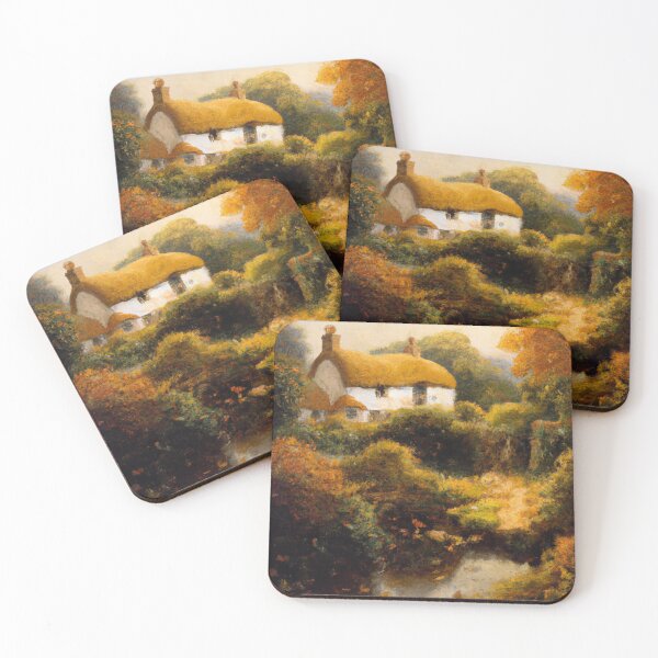 Item preview, Old English Thatched Cottage by a Riverbank in Autumn Georgian Era Art designed and sold by MeadowFarmPrint.