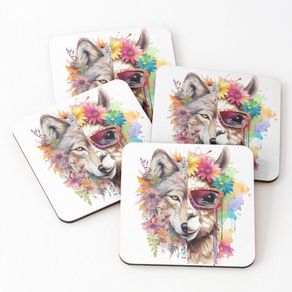 Item preview, Half-face Wolf and Llama Flowers Glasses Watercolor. designed and sold by ProDesignByMK.
