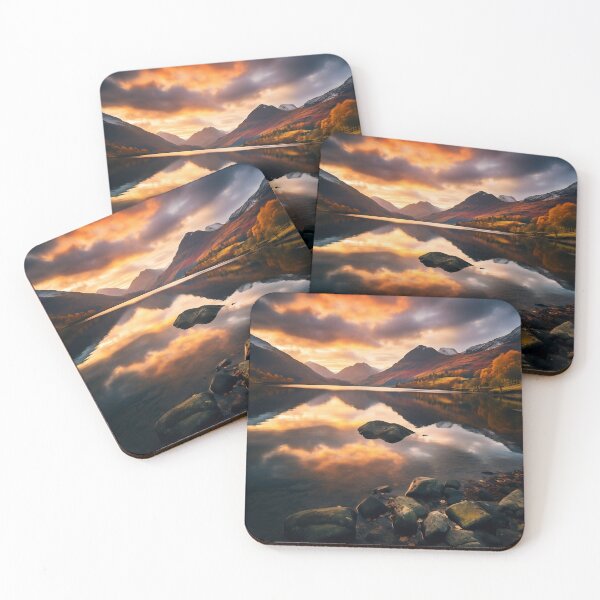Item preview, Mountains and trees in lake at sunset in long exposure - Landscape photography designed and sold by TheArtistOf2022.