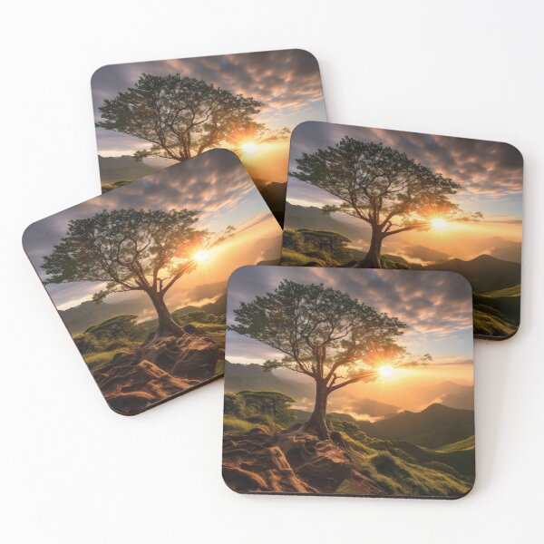 Item preview, Hazy sunset mountains with lonely tree - Landscape photography designed and sold by TheArtistOf2022.