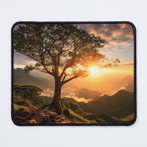 Item preview, Hazy sunset mountains with lonely tree - Landscape photography designed and sold by TheArtistOf2022.