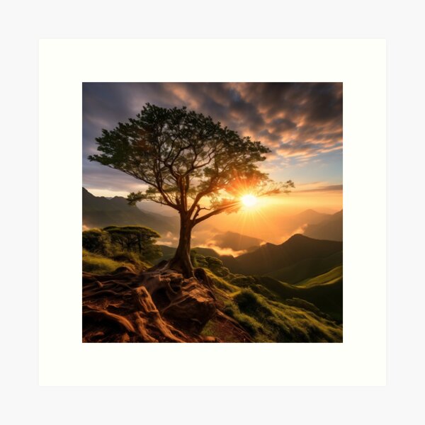 Item preview, Hazy sunset mountains with lonely tree - Landscape photography designed and sold by TheArtistOf2022.
