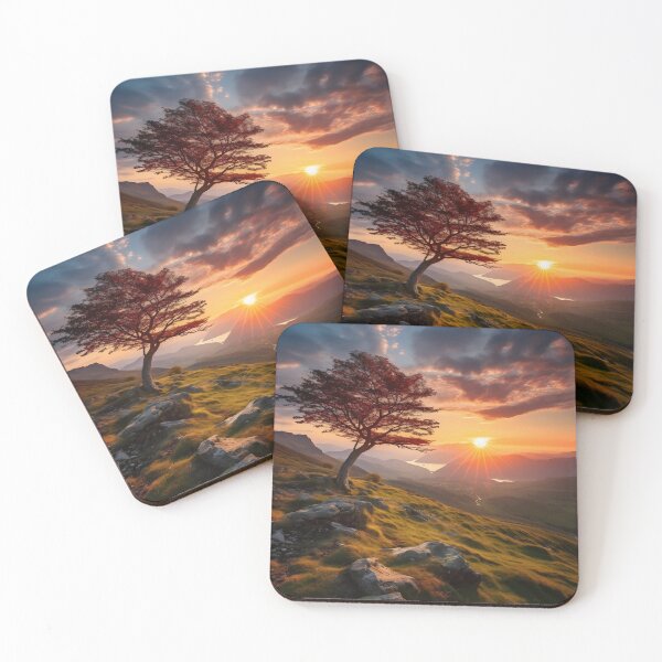 Item preview, Hazy sunset mountains with lonely tree - Landscape photography designed and sold by TheArtistOf2022.