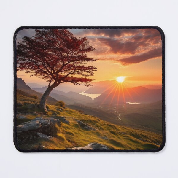 Item preview, Hazy sunset mountains with lonely tree - Landscape photography designed and sold by TheArtistOf2022.