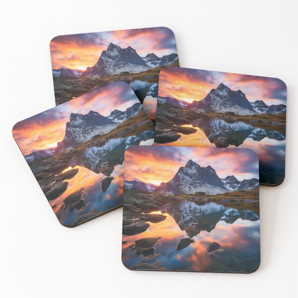 Item preview, Mountains and trees in lake at sunset in long exposure - Landscape photography designed and sold by TheArtistOf2022.
