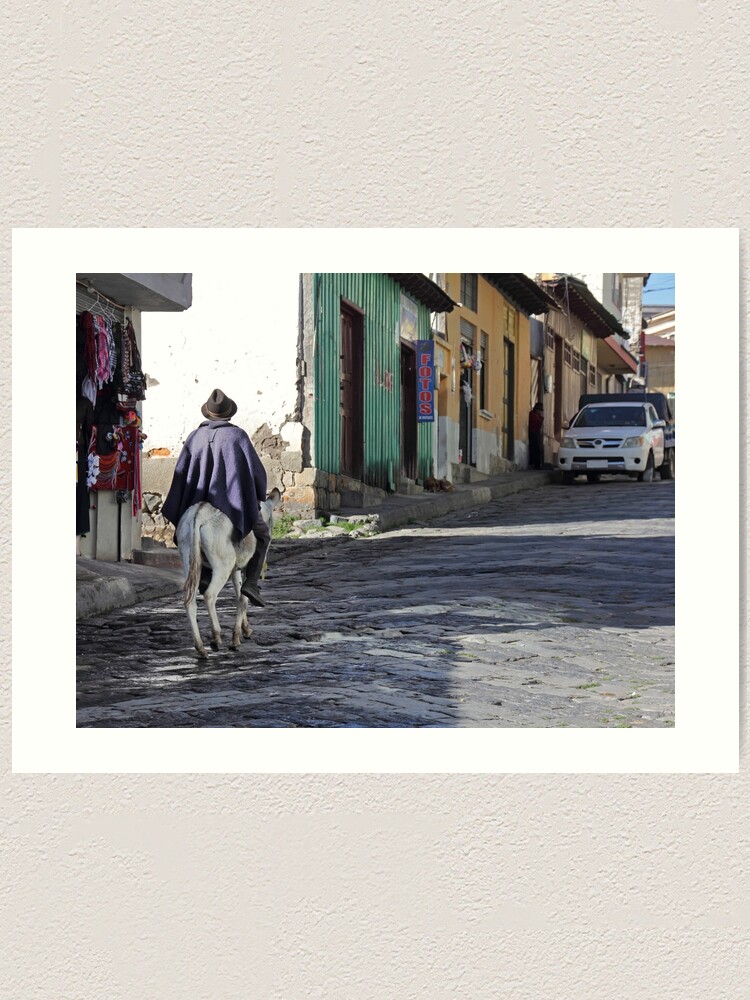 Alternate view of Man wearing purple poncho rides donkey up cobblestone street in Guamote, Ecuador Art Print