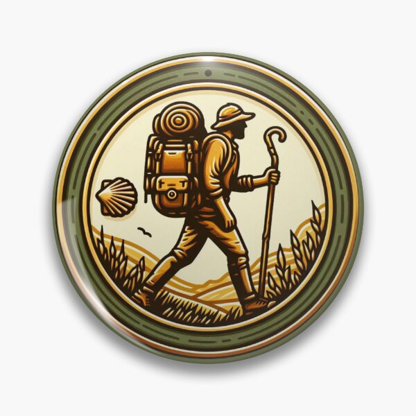 Artikelvorschau, Camino de Santiago Pelgrim-Abzeichen mit Wanderer und Muschel entworfen und verkauft von Studio Pico.