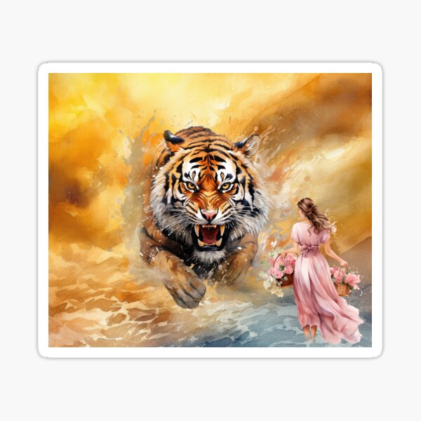 Item preview, Angry Tiger emerging from the abyss and romantic girl  designed and sold by Lovecreator82.