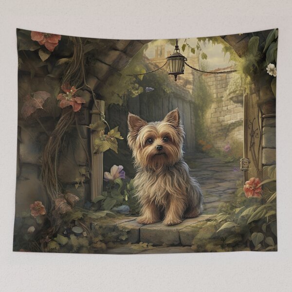 Item preview, small Yorkie Yorkshire Terrier dog in old garden designed and sold by WallyPink.