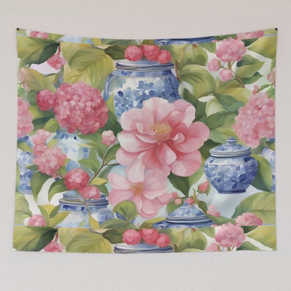 Item preview, Camellia flowers and chinoiserie jars watercolor designed and sold by SophieClimaArt.