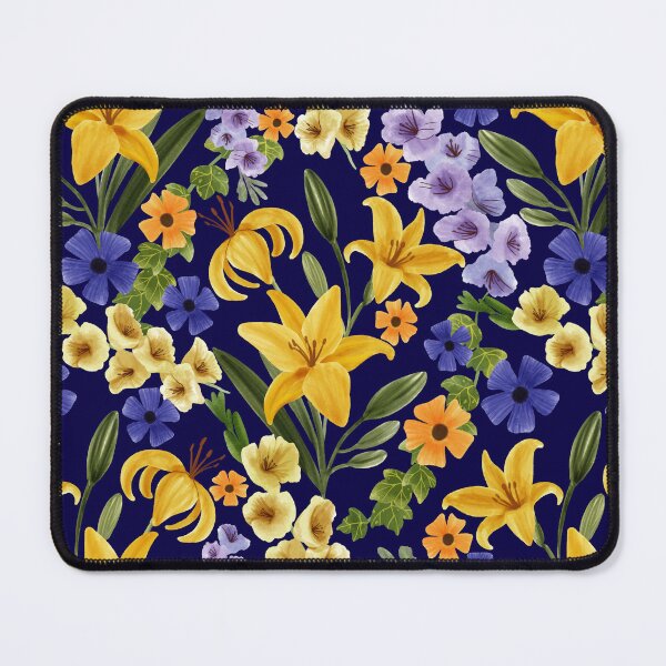 Item preview,  Floral with Yellow Lily, Gladiolus, Ivy adnd Thunbergia Flowers, Navy Blue Background designed and sold by Carlo-Atzei.