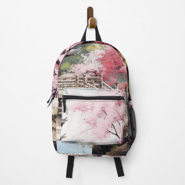 Item preview, Traditional Japanese Watercolor Painting of Asian Landscape with Traditional Architecture and Nature with Cherry Blossom and River designed and sold by Je-we.