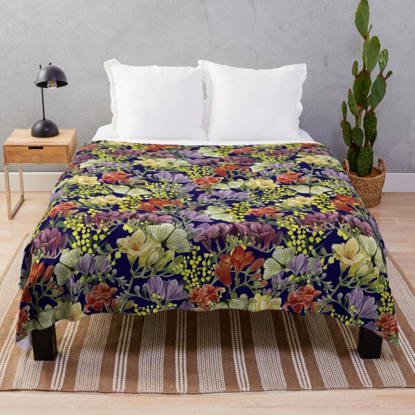Item preview, Floral with Freesia, Yellow Mimosa and Butterflies Navy Blue Background designed and sold by Carlo-Atzei.
