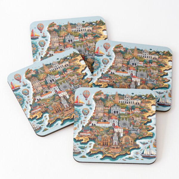 Item preview, creative and informative depiction of the map of Portugal, highlighting its diverse states and famous landmarks designed and sold by artumbre.