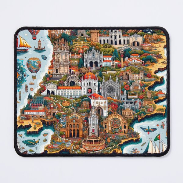 Item preview, creative and informative depiction of the map of Portugal, highlighting its diverse states and famous landmarks designed and sold by artumbre.