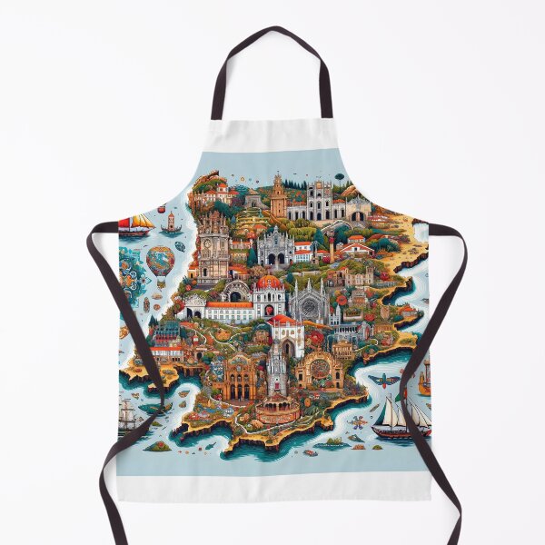 Item preview, creative and informative depiction of the map of Portugal, highlighting its diverse states and famous landmarks designed and sold by artumbre.