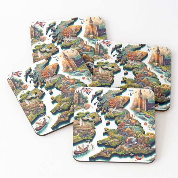Item preview, creative and informative depiction of the map of United Kingdom, highlighting its diverse states and famous landmarks designed and sold by artumbre.