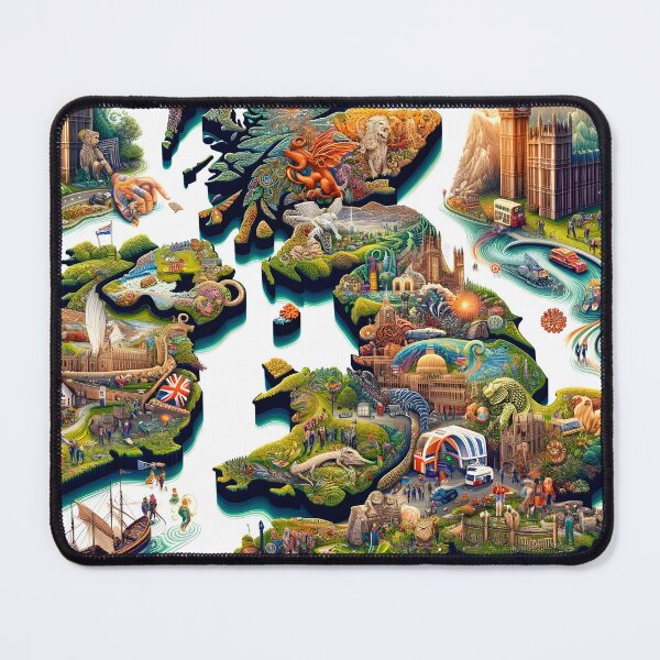 Item preview, creative and informative depiction of the map of United Kingdom, highlighting its diverse states and famous landmarks designed and sold by artumbre.