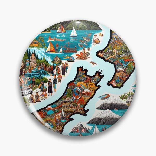 Item preview,  creative and informative depiction of the map of New Zealand, highlighting its diverse states and famous landmarks designed and sold by artumbre.