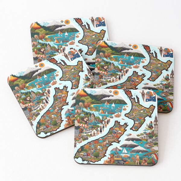 Item preview,  creative and informative depiction of the map of New Zealand, highlighting its diverse states and famous landmarks designed and sold by artumbre.