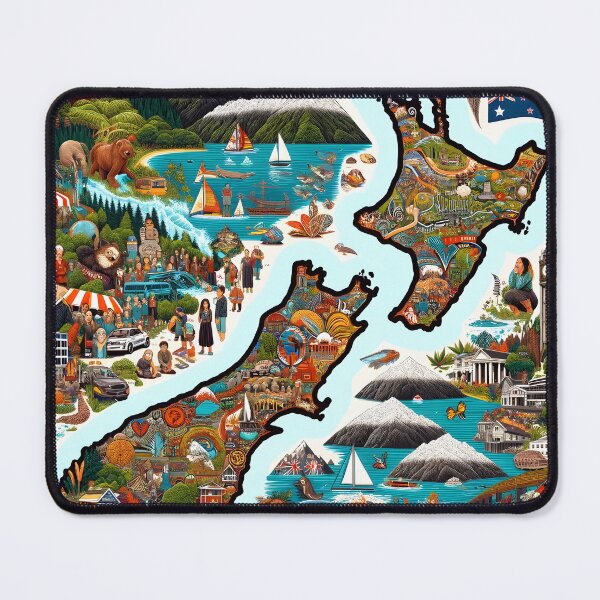 Item preview,  creative and informative depiction of the map of New Zealand, highlighting its diverse states and famous landmarks designed and sold by artumbre.