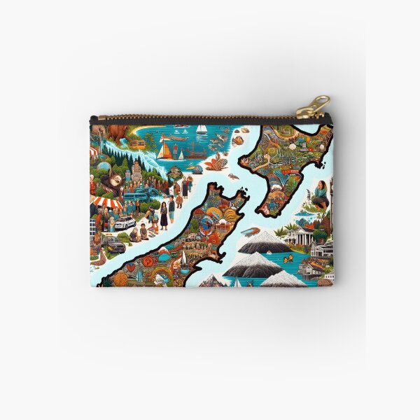Item preview,  creative and informative depiction of the map of New Zealand, highlighting its diverse states and famous landmarks designed and sold by artumbre.