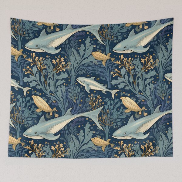 Item preview, William Morris-Inspired Blue & Yellow Fish on Aquatic Blue Floral with Bronze Highlights designed and sold by cleverEndeavor.