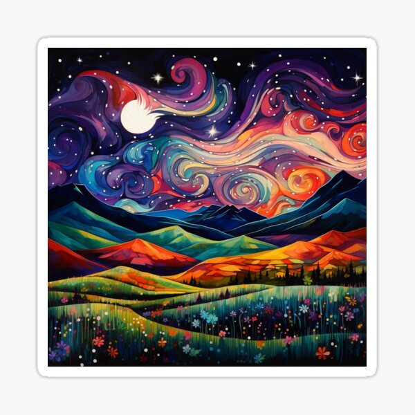 Item preview, Full Moon, Colorful Swirling Sky, Meadow of Flowers, Blue Mountains  designed and sold by Neika Shimm Designs.