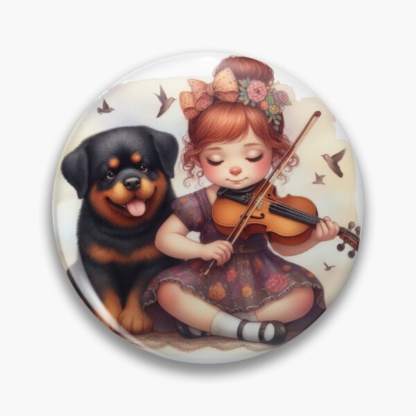 Item preview, Red haired girl playing viola with Rottweiler puppy dog and birds music student gift designed and sold by ElegantTeaTime.