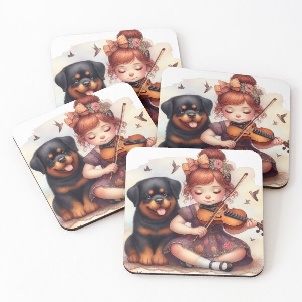 Item preview, Red haired girl playing viola with Rottweiler puppy dog and birds music student gift designed and sold by ElegantTeaTime.