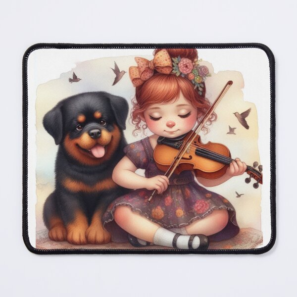 Item preview, Red haired girl playing viola with Rottweiler puppy dog and birds music student gift designed and sold by ElegantTeaTime.