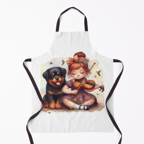 Item preview, Red haired girl playing viola with Rottweiler puppy dog and birds music student gift designed and sold by ElegantTeaTime.