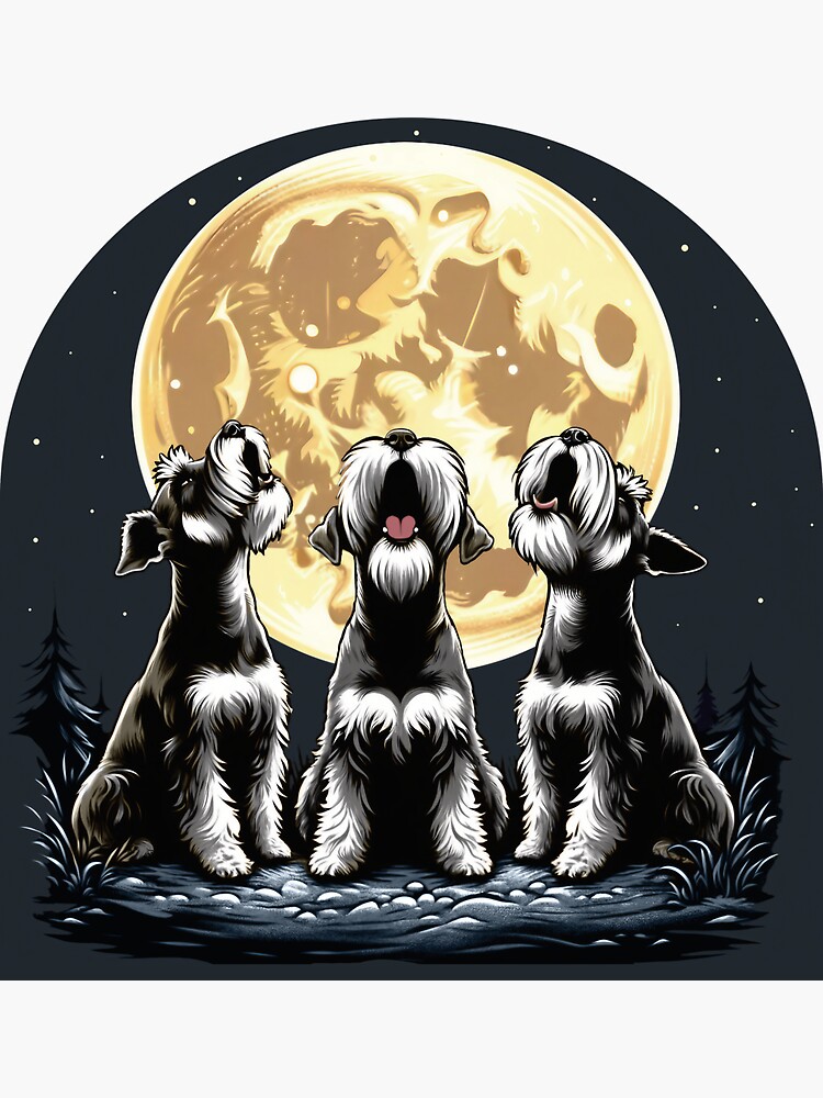Thumbnail 3 of 3, Sticker, Three Miniature Schnauzers Howling at the Moon designed and sold by hidden-design.