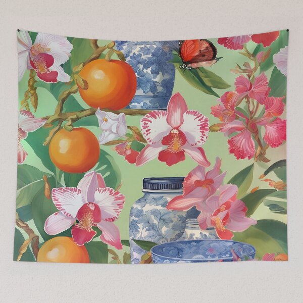 Item preview, orchids, fruits and chinoiserie jars designed and sold by SophieClimaArt.