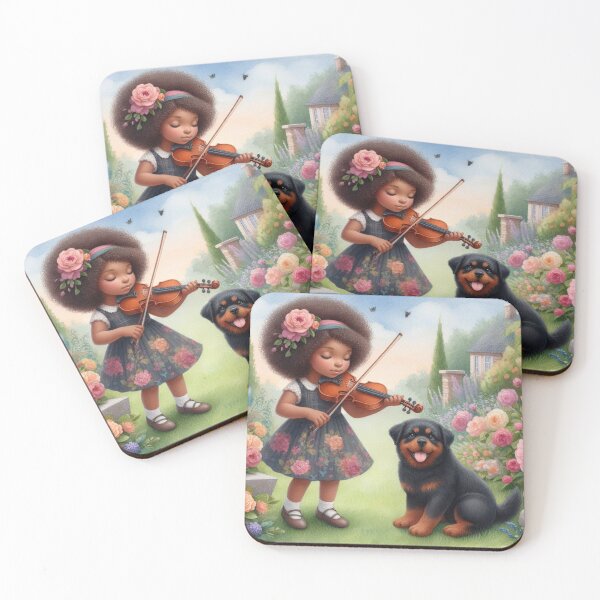 Item preview, Black haired girl in formal garden playing viola with Rottweiler puppy dog music student gift designed and sold by ElegantTeaTime.