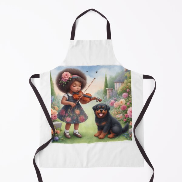 Item preview, Black haired girl in formal garden playing viola with Rottweiler puppy dog music student gift designed and sold by ElegantTeaTime.