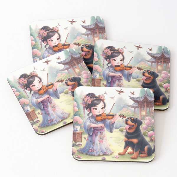 Item preview, Black haired girl in formal Japanese attire and garden playing viola with Rottweiler puppy dog designed and sold by ElegantTeaTime.