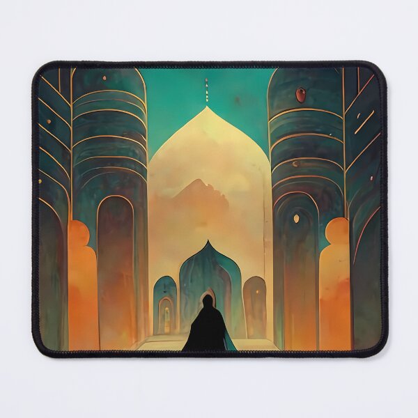 Artikelvorschau, minimalistische Illustration, dynamische Kunst mit perspektivischer Sicht, die islamische und dunkle Fantasy-Elemente verbindet, präsentiert als Gemälde im Stil der Konzeptkunst entworfen und verkauft von deluxelion.