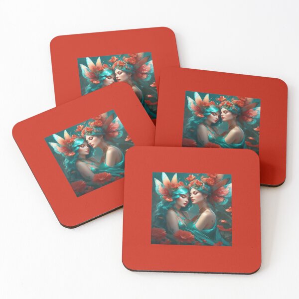 Item preview, Two Fairies In Teal And Coral With Flowers designed and sold by FlutterbyFairy.