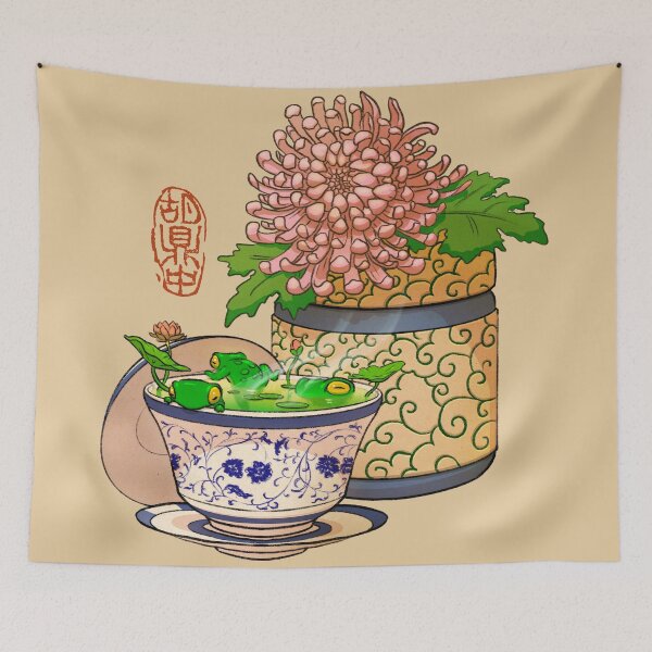 Item preview, tea cup chrysanthemum flower frog no bg designed and sold by DingHuArt.
