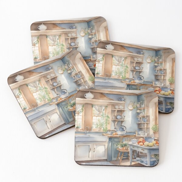 Aperçu de l'œuvre Comptoir de cuisine vintage à décoration bleue de style cottage anglais. créée et vendue par Jayjaynaenae.