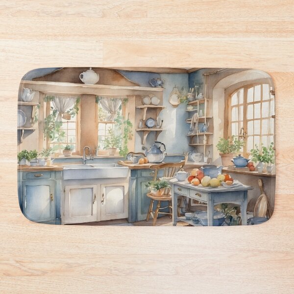 Aperçu de l'œuvre Comptoir de cuisine vintage à décoration bleue de style cottage anglais. créée et vendue par Jayjaynaenae.