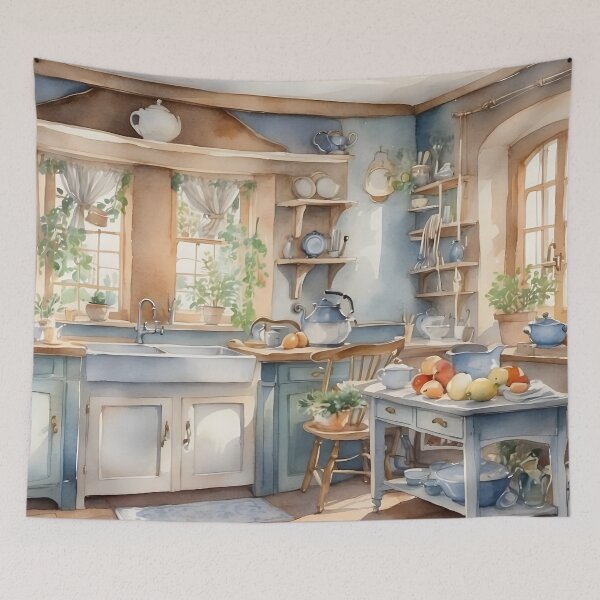Aperçu de l'œuvre Comptoir de cuisine vintage à décoration bleue de style cottage anglais. créée et vendue par Jayjaynaenae.